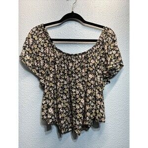 Iris Women’s Shirt/Top Size Large Stretch Black Floral Off Shoulder Cropped
